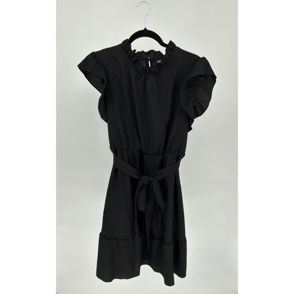 Shein Curve Black Ruffle Trim Flutter Sleeve Mini Dress 2XL Mock Neck Belted